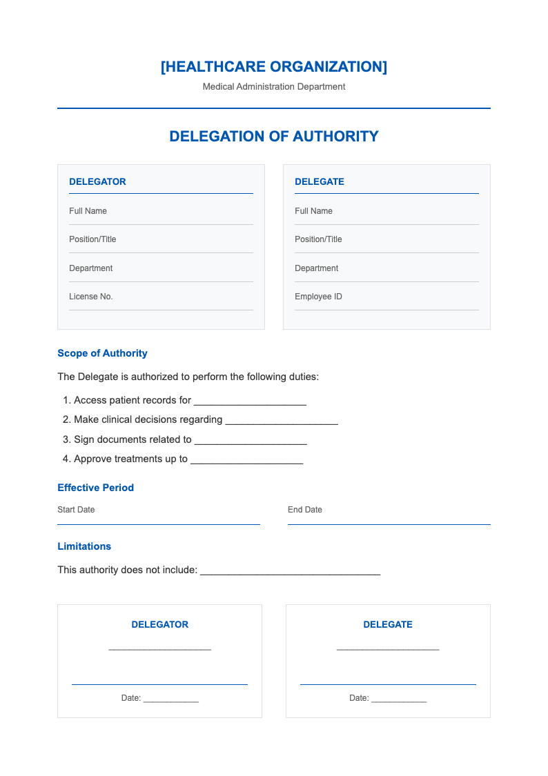 Healthcare professional delegation of authority